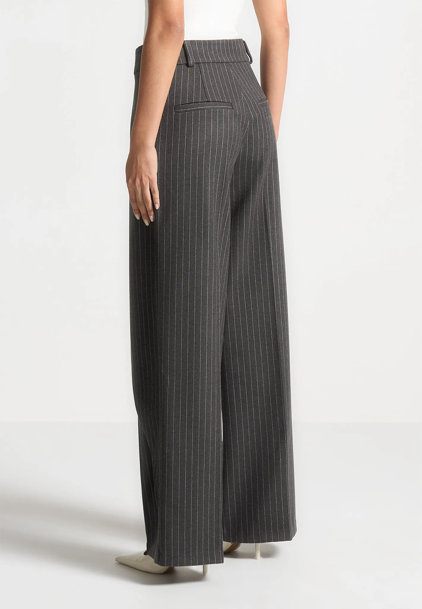 Wool Pinstripe Wrap Tailored Trousers - Grey