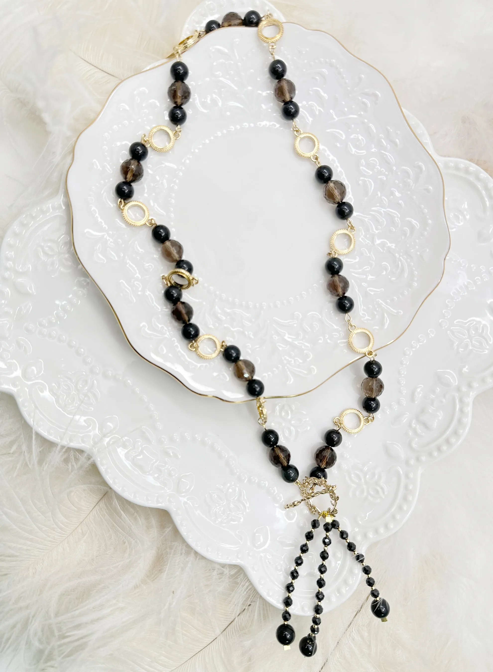 Y Shape Black Obsidian & Smoky Quartz Fringe Necklace KN053