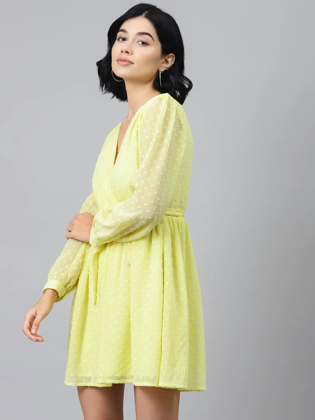 Yellow Wrap Full Sleeves Dress