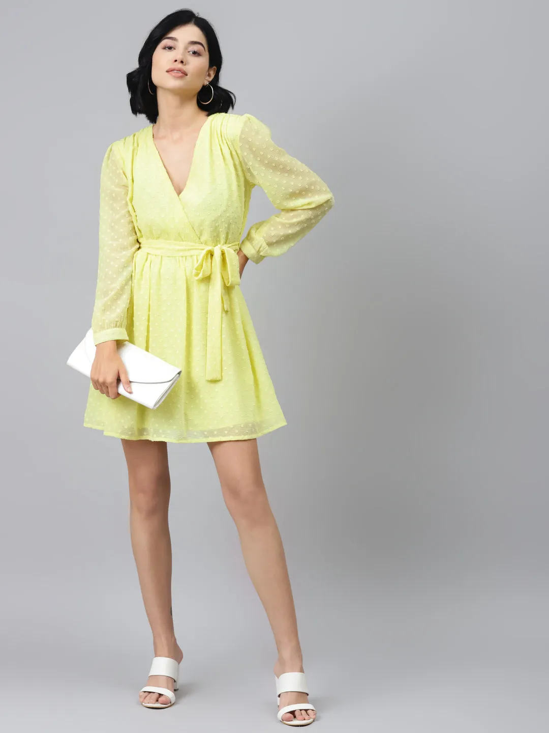 Yellow Wrap Full Sleeves Dress